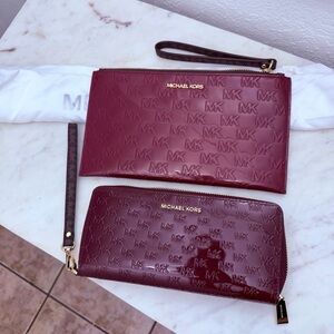 Michael Kors Burgundy patent leather large wallet and Wristlet, dust bag!